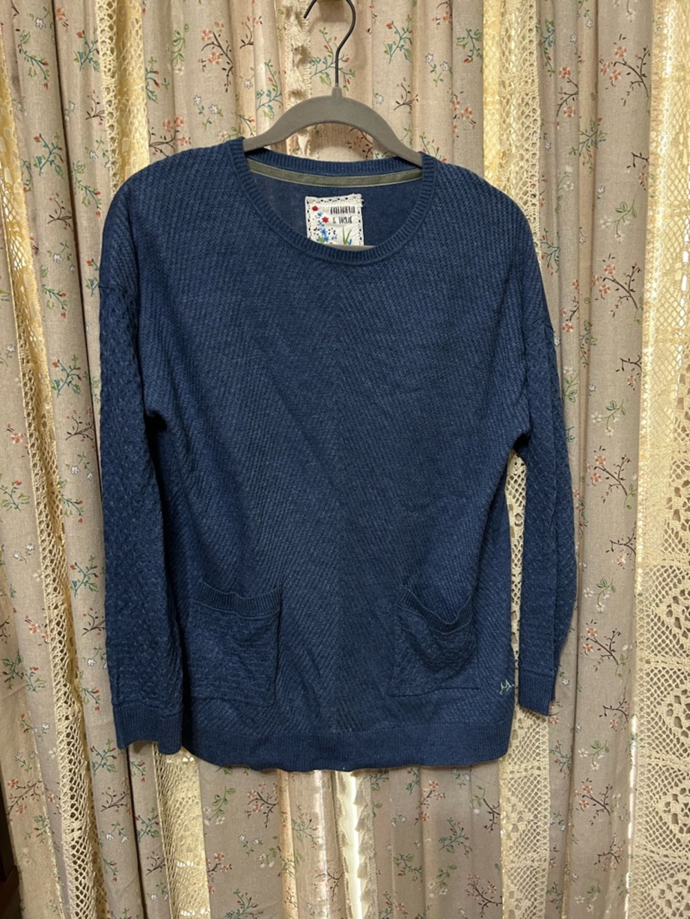 2/$28 Blue Textured Knit Sweater Button Back Pocket Cozy Cottagecore Size 12